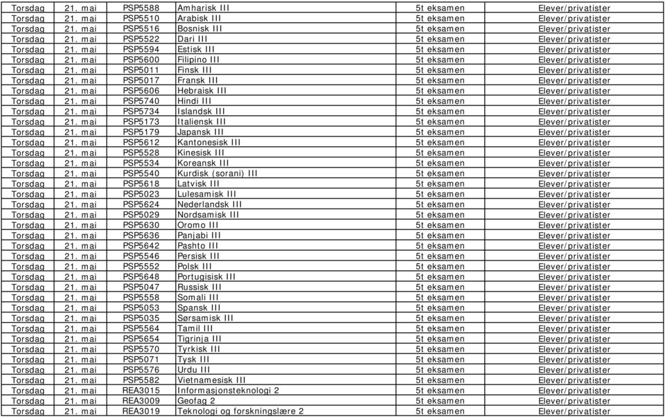 mai PSP5606 Hebraisk III 5t eksamen Torsdag 21. mai PSP5740 Hindi III 5t eksamen Torsdag 21. mai PSP5734 Islandsk III 5t eksamen Torsdag 21. mai PSP5173 Italiensk III 5t eksamen Torsdag 21.