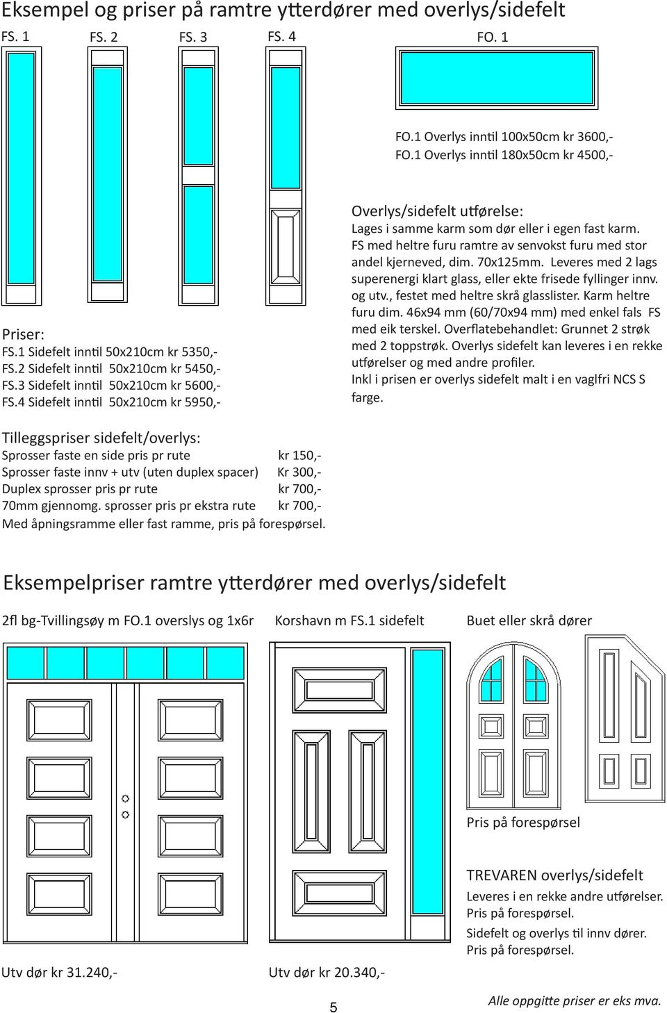 4 Sidefelt inntil 50x210cm kr 5950,- Overlys/sidefelt utførelse: Lages i samme karm som dør eller i egen fast karm. FS med heltre furu ramtre av senvokst furu med stor andel kjerneved, dim. 70x125mm.