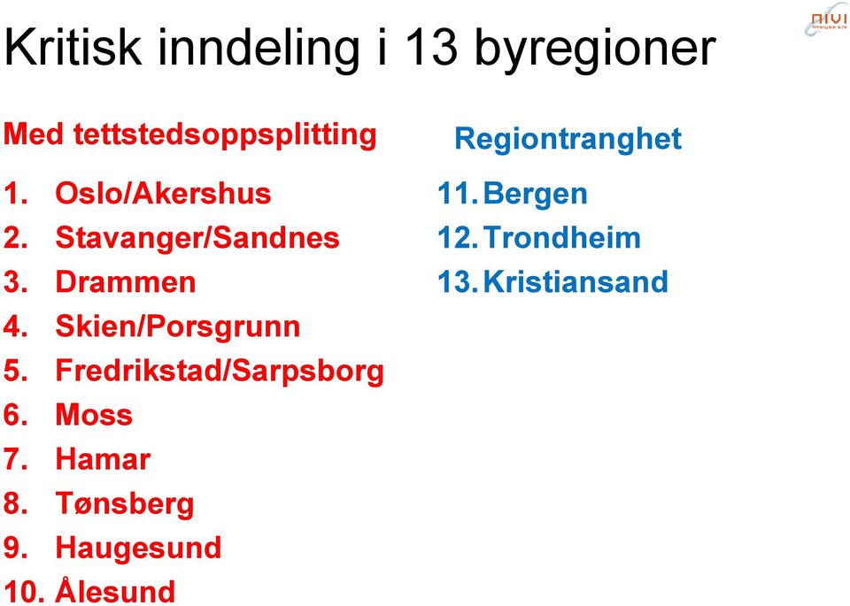 Skien/Porsgrunn 5. Fredrikstad/Sarpsborg 6. Moss 7. Hamar 8.