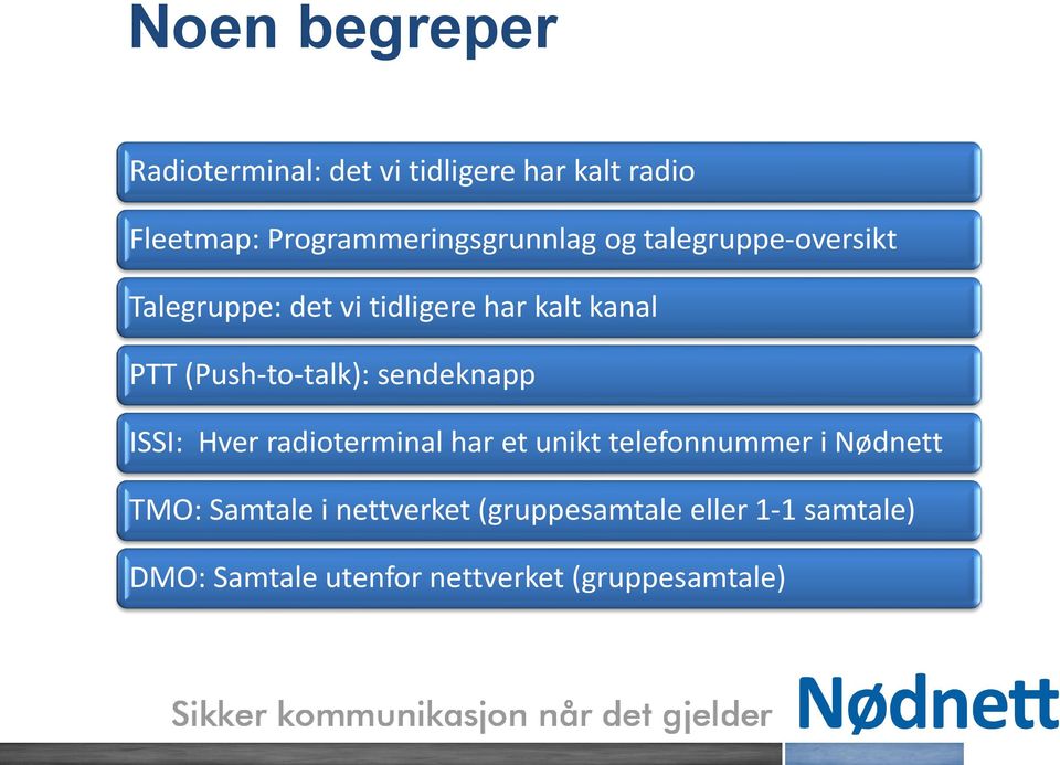 PTT (Push-to-talk): sendeknapp ISSI: Hver radioterminal har et unikt telefonnummer i