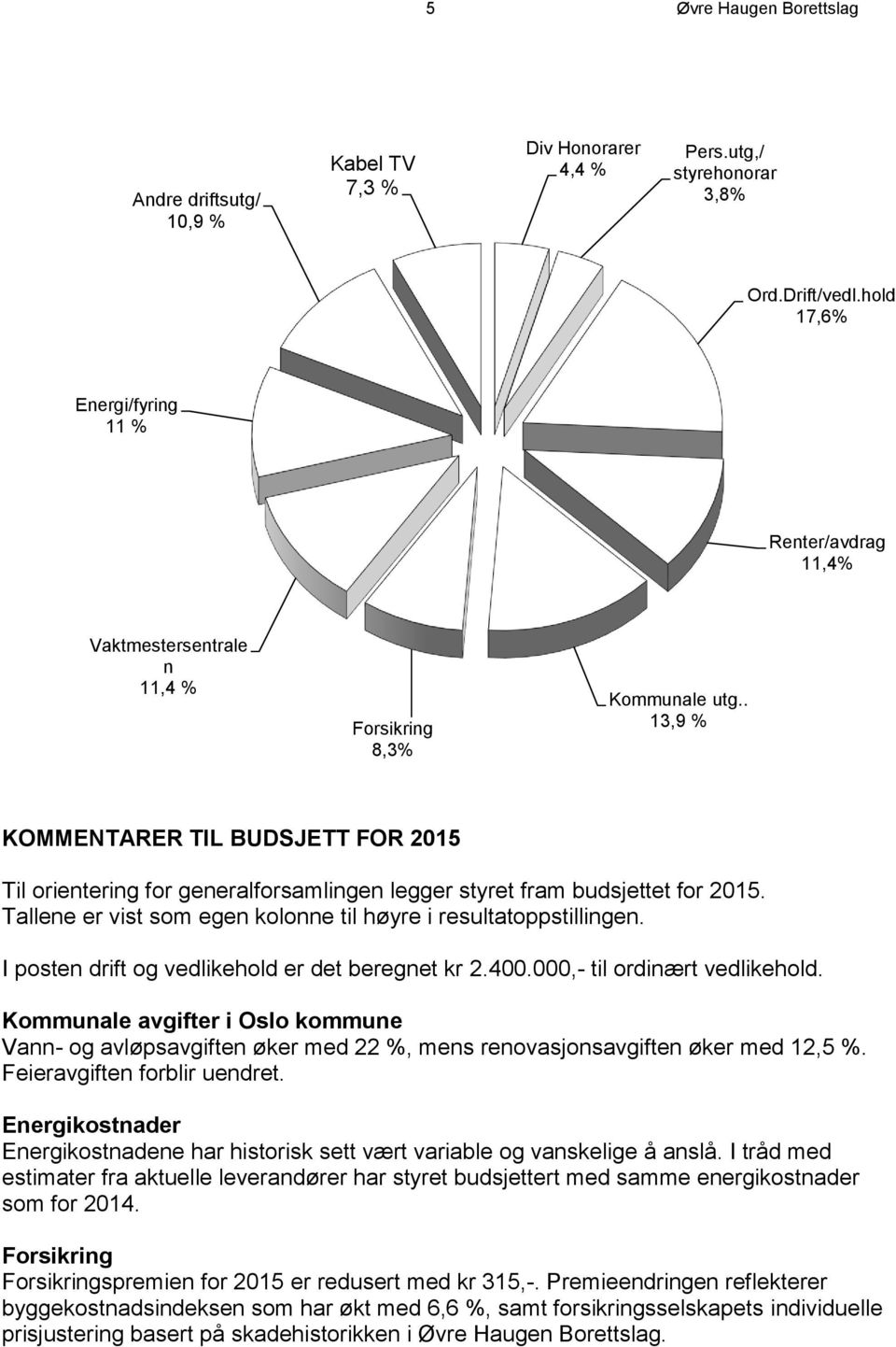 . 13,9 % KOMMENTARER TIL BUDSJETT FOR 2015 Til orientering for generalforsamlingen legger styret fram budsjettet for 2015. Tallene er vist som egen kolonne til høyre i resultatoppstillingen.