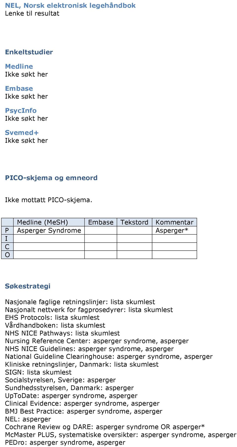 Protocols: lista skumlest Vårdhandboken: lista skumlest NHS NICE Pathways: lista skumlest Nursing Reference Center: asperger syndrome, asperger NHS NICE Guidelines: asperger syndrome, asperger