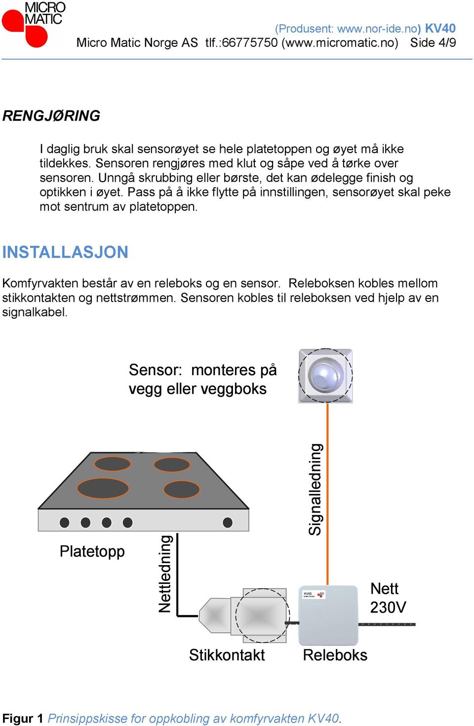 Pass på å ikke flytte på innstillingen, sensorøyet skal peke mot sentrum av platetoppen. INSTALLASJON Komfyrvakten består av en releboks og en sensor.