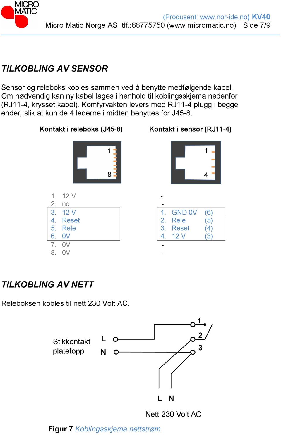 Komfyrvakten levers med RJ11-4 plugg i begge ender, slik at kun de 4 lederne i midten benyttes for J45-8. Kontakt i releboks (J45-8) Kontakt i sensor (RJ11-4) 1 4 1.