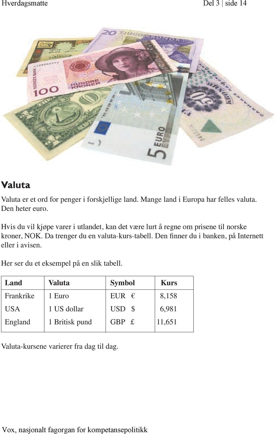 Da trenger du en valuta- kurs- tabell. Den finner du i banken, på Internett eller i avisen.