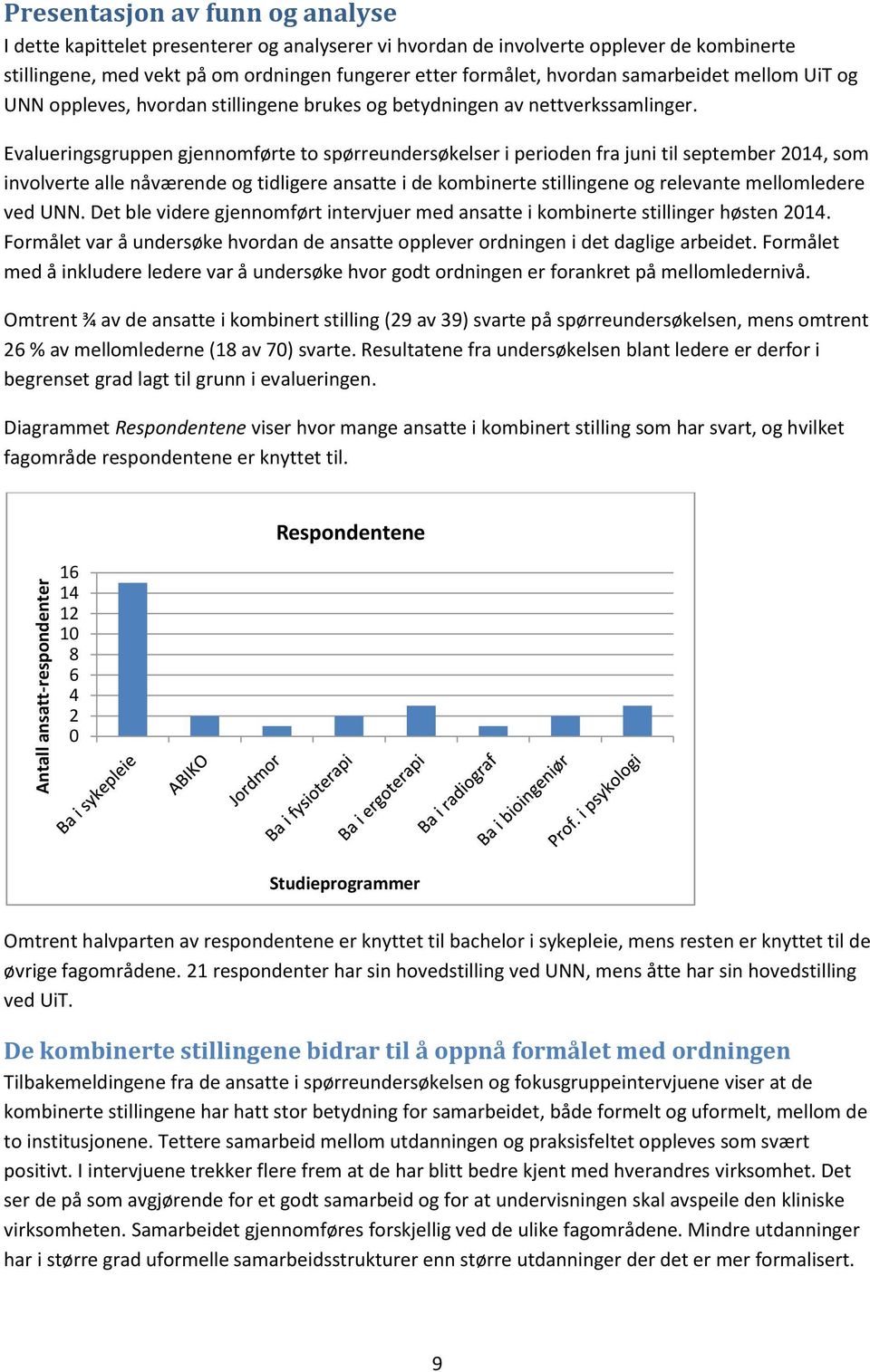 Evalueringsgruppen gjennomførte to spørreundersøkelser i perioden fra juni til september 1, som involverte alle nåværende og tidligere ansatte i de kombinerte stillingene og relevante mellomledere