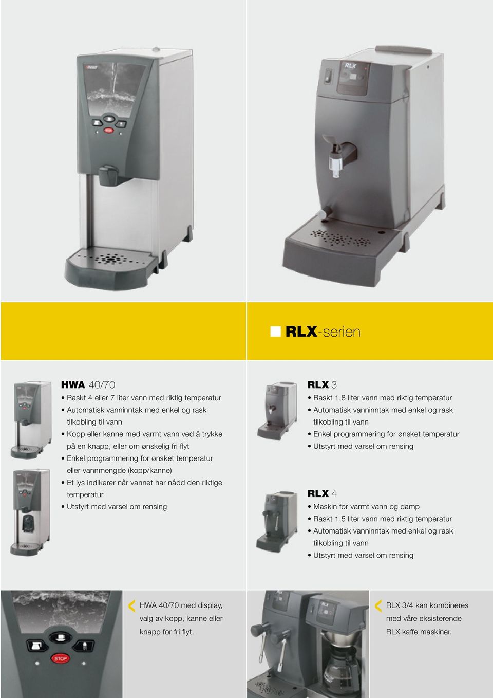 liter vann med riktig Enkel programmering for ønsket Utstyrt med varsel om rensing RLX 4 Maskin for varmt vann og damp Raskt 1,5 liter vann med riktig
