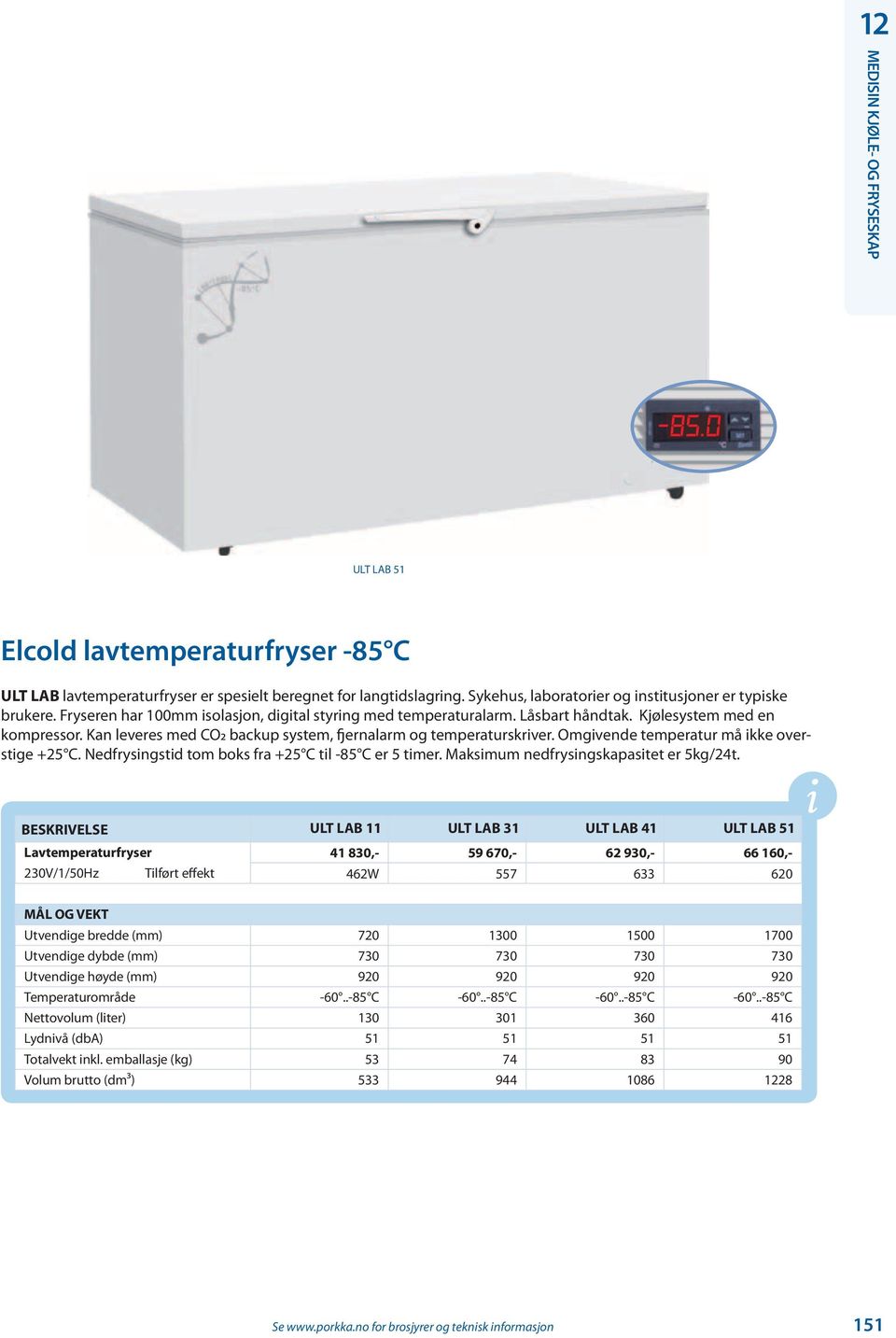 Omgivende temperatur må ikke overstige +25 C. Nedfrysingstid tom boks fra +25 C til -85 C er 5 timer. Maksimum nedfrysingskapasitet er 5kg/24t.