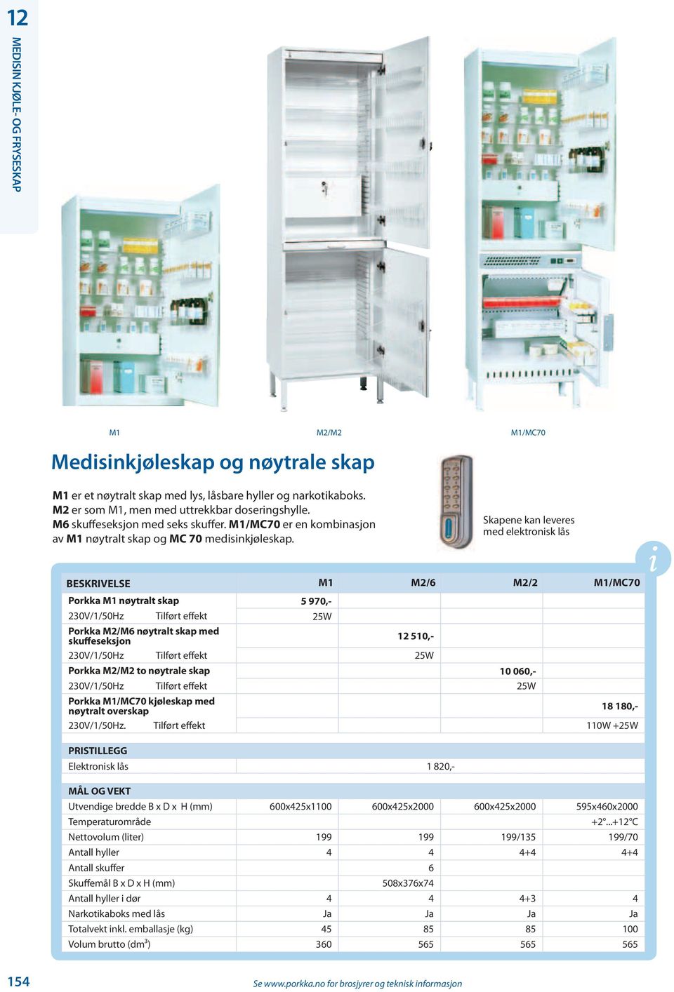 Skapene kan leveres med elektronisk lås BESKRIVELSE M1 M2/6 M2/2 M1/MC70 Porkka M1 nøytralt skap 5 970,- 230V/1/50Hz Tilført effekt 25W Porkka M2/M6 nøytralt skap med skuffeseksjon 12 510,-