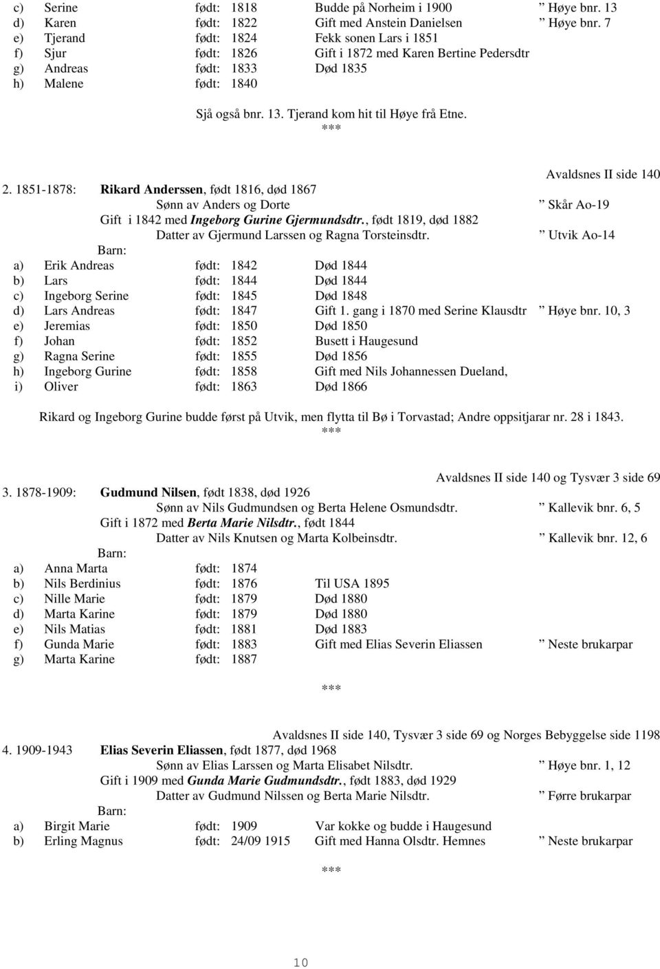 Tjerand kom hit til Høye frå Etne. Avaldsnes II side 140 2. 1851-1878: Rikard Anderssen, født 1816, død 1867 Sønn av Anders og Dorte Skår Ao-19 Gift i 1842 med Ingeborg Gurine Gjermundsdtr.