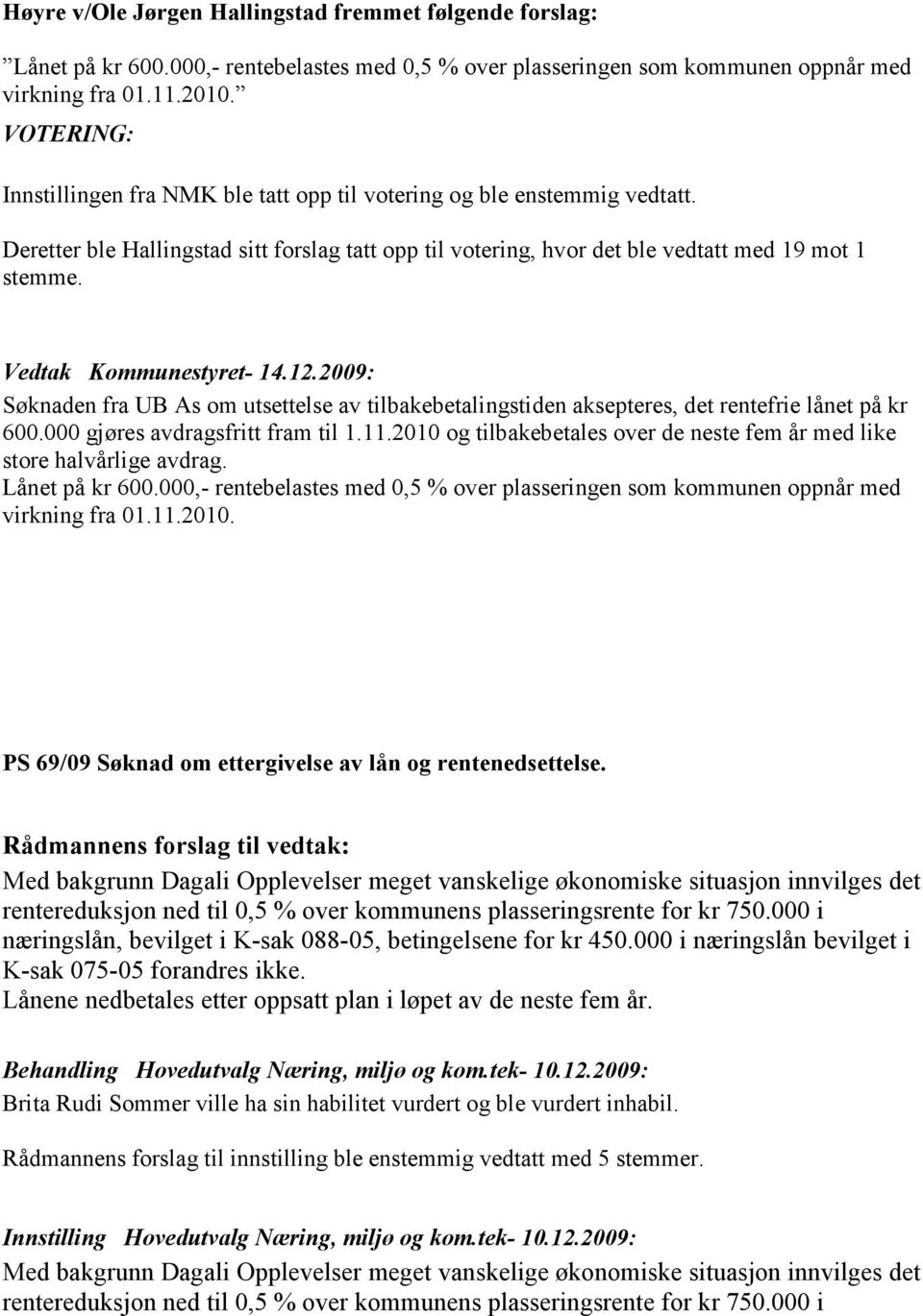 Vedtak Kommunestyret- 14.12.2009: Søknaden fra UB As om utsettelse av tilbakebetalingstiden aksepteres, det rentefrie lånet på kr 600.000 gjøres avdragsfritt fram til 1.11.