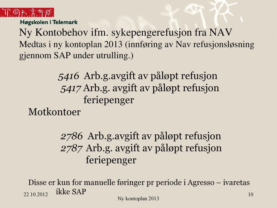 under utrulling.) 5416 Arb.g.avgift av påløpt refusjon 5417 Arb.g. avgift av påløpt refusjon feriepenger Motkontoer 2786 Arb.