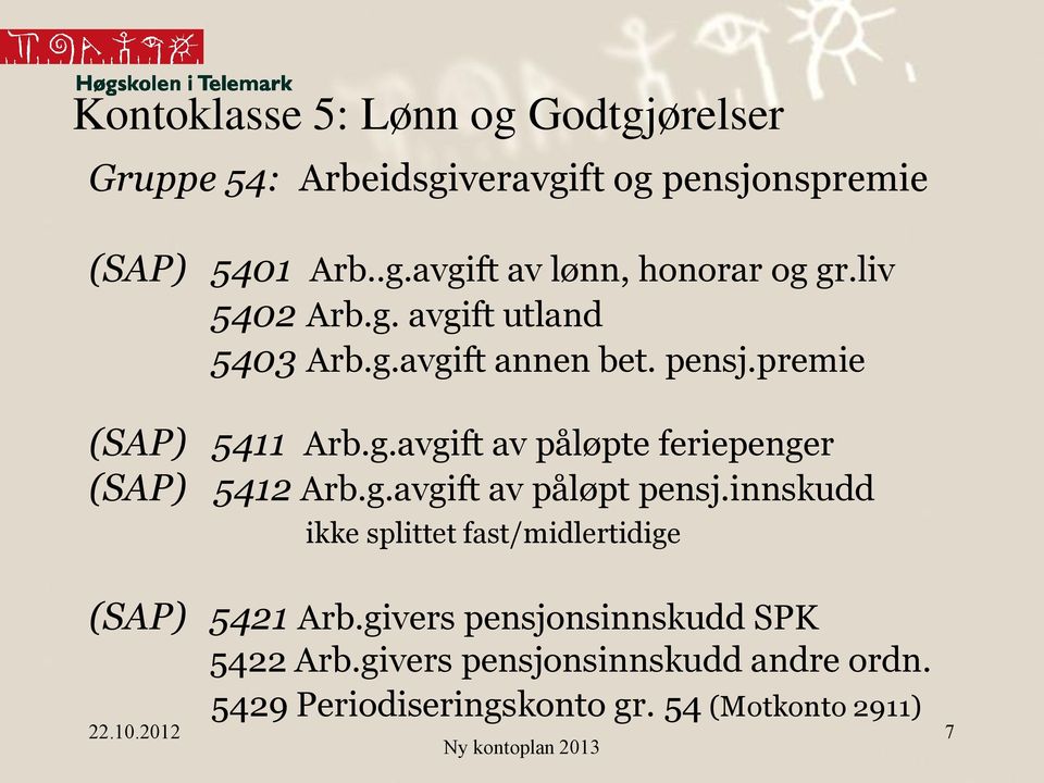 g.avgift av påløpt pensj.innskudd ikke splittet fast/midlertidige (SAP) 5421 Arb.givers pensjonsinnskudd SPK 5422 Arb.