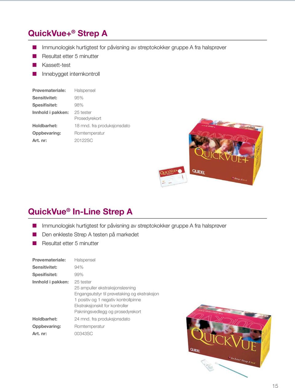 fra produksjonsdato 20122SC QuickVue In-Line Strep A Immunologisk hurtigtest for påvisning av streptokokker gruppe A fra halsprøver Den enkleste Strep A testen på markedet