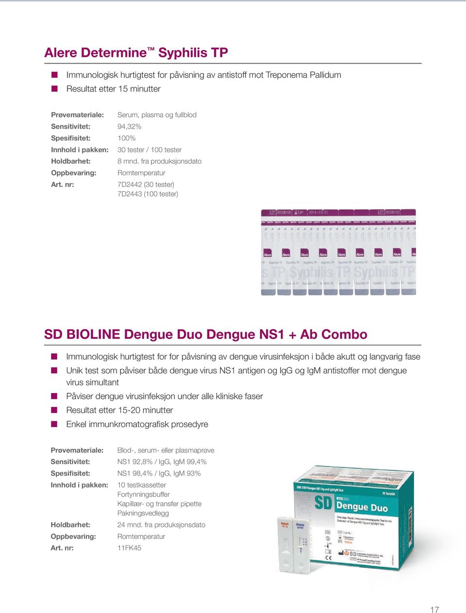 fra produksjonsdato 7D2442 (30 tester) 7D2443 (100 tester) SD BIOLINE Dengue Duo Dengue NS1 + Ab Combo Immunologisk hurtigtest for for påvisning av dengue virusinfeksjon i både akutt og langvarig