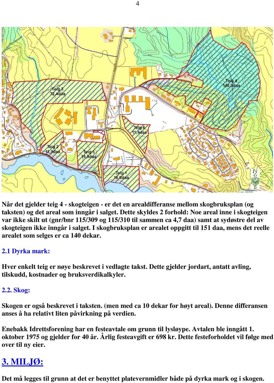 I skogbruksplan er arealet oppgitt til 151 daa, mens det reelle arealet som selges er ca 140 dekar. 2.1 Dyrka mark: Hver enkelt teig er nøye beskrevet i vedlagte takst.