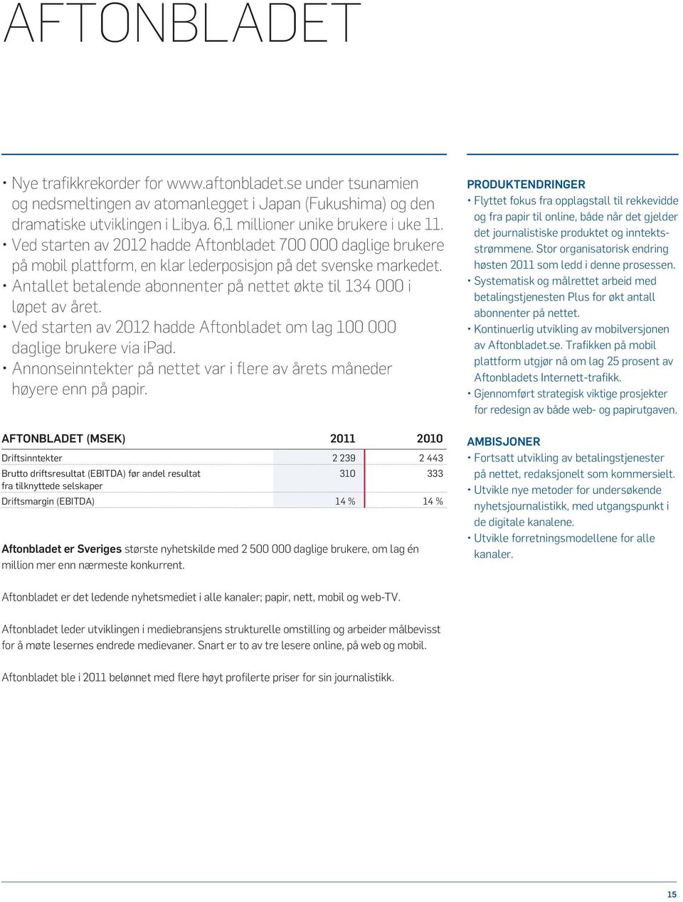 Antallet betalende abonnenter på nettet økte til 134 000 i løpet av året. Ved starten av 2012 hadde Aftonbladet om lag 100 000 daglige brukere via ipad.