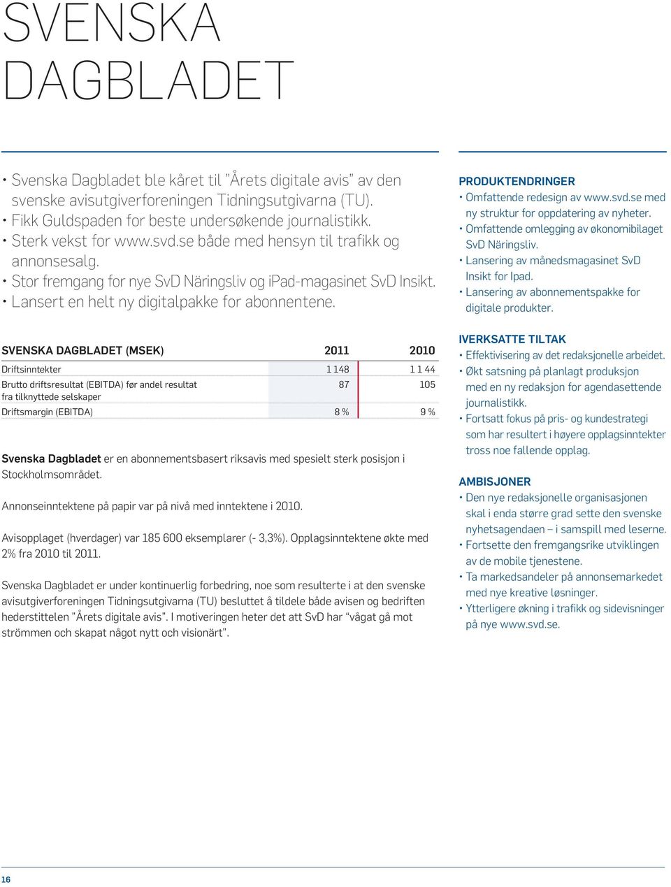 Svenska Dagbladet (MSEK) 2011 2010 Driftsinntekter 1 148 1 1 44 Brutto driftsresultat (EBITDA) før andel resultat 87 105 fra tilknyttede selskaper Driftsmargin (EBITDA) 8 % 9 % Svenska Dagbladet er