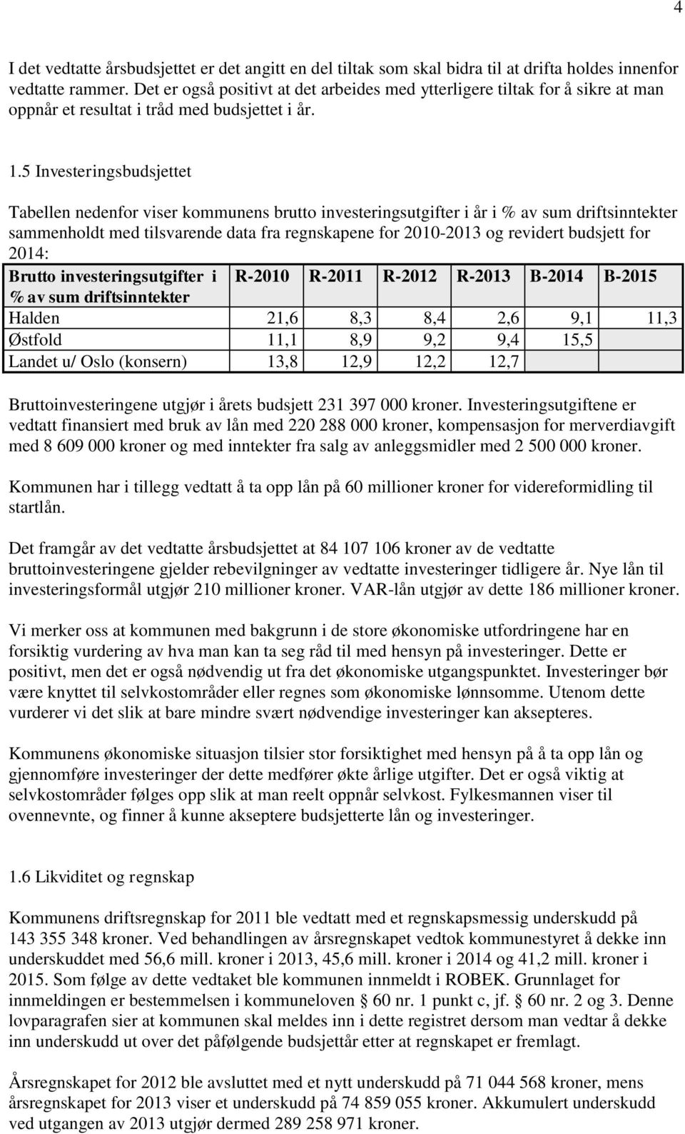 5 Investeringsbudsjettet Tabellen nedenfor viser kommunens brutto investeringsutgifter i år i % av sum driftsinntekter sammenholdt med tilsvarende data fra regnskapene for 2010-2013 og revidert