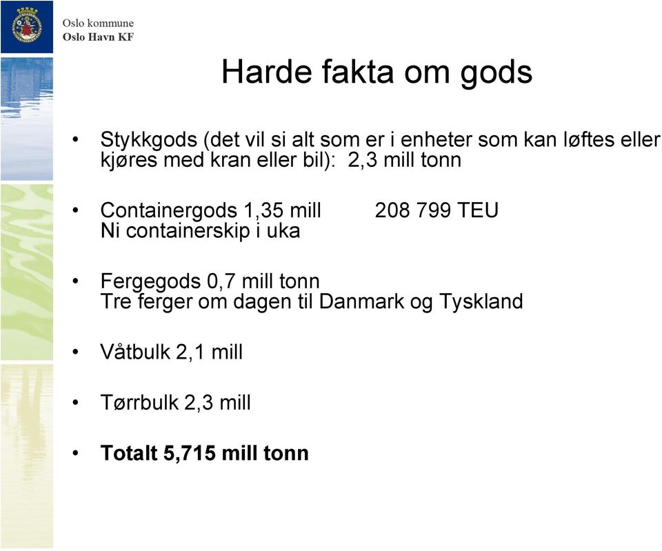 799 TEU Ni containerskip i uka Fergegods 0,7 mill tonn Tre ferger om dagen