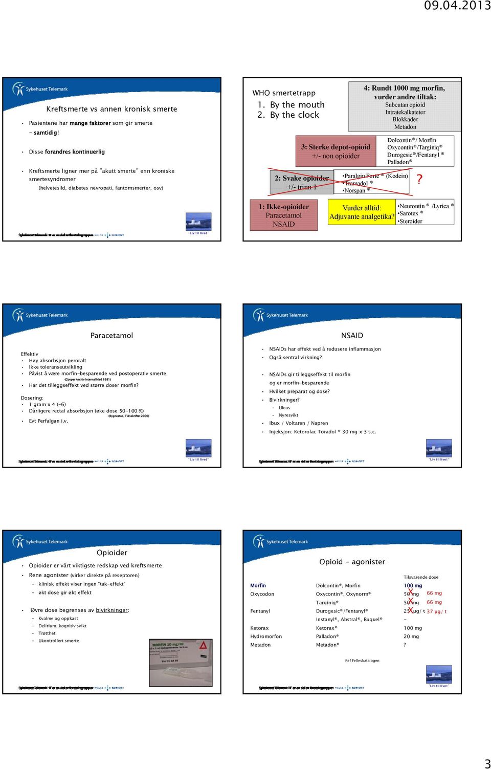 By the clock 3: Sterke depot-opioid +/- non opioider 2: Svake opioider +/- trinn 1 4: Rundt 1000 mg morfin, vurder andre tiltak: Subcutan opioid Intratekalkateter Blokkader Metadon Paralgin Forte