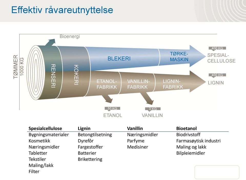 Bioetanol Bygningsmaterialer Betongtilsetning Næringsmidler Biodrivstoff Kosmetikk Dyrefôr Parfyme Farmasøytisk industri