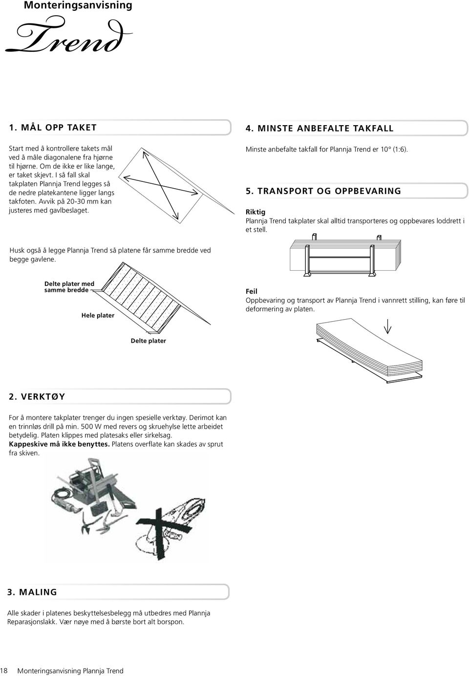 MINSTE ANBEFALTE TAKFALL Minste anbefalte takfall for Plannja Trend er 10 (1:6). 5. TRANSPORT OG OPPBEVARING Riktig Plannja Trend takplater skal alltid transporteres og oppbevares loddrett i et stell.