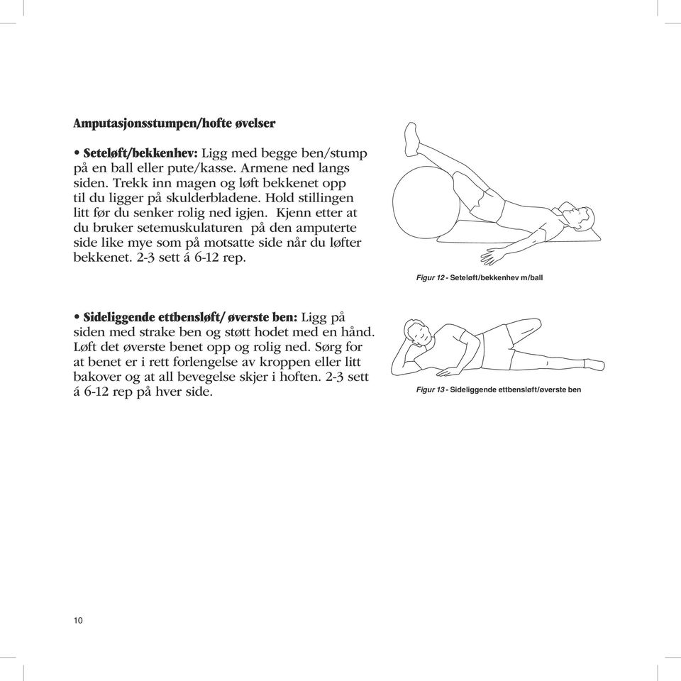 Kjenn etter at du bruker setemuskulaturen på den amputerte side like mye som på motsatte side når du løfter bekkenet. 2-3 sett á 6-12 rep.