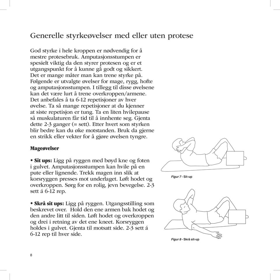 Følgende er utvalgte øvelser for mage, rygg, hofte og amputasjonsstumpen. I tillegg til disse øvelsene kan det være lurt å trene overkroppen/armene.