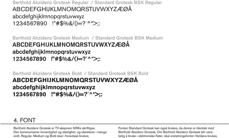 `^*>;: Berthold Akzidenz Grotesk Bold / Standard Grotesk BSK Bold ABCDEFGHIJKLMNOMQRSTUVWXYZÆØÅ abcdefghijklmnopqrstuvwxyz 1234567890! #$%&/()=?`^*>;: 4.