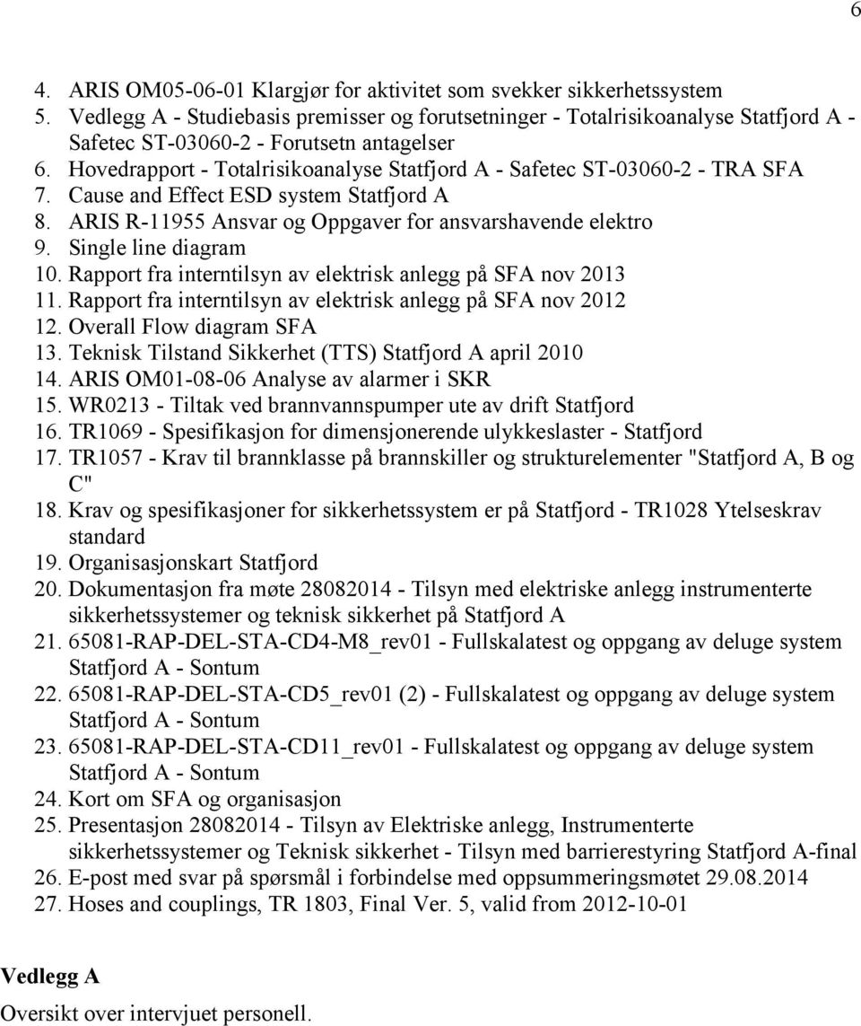 Hovedrapport - Totalrisikoanalyse Statfjord A - Safetec ST-03060-2 - TRA SFA 7. Cause and Effect ESD system Statfjord A 8. ARIS R-11955 Ansvar og Oppgaver for ansvarshavende elektro 9.