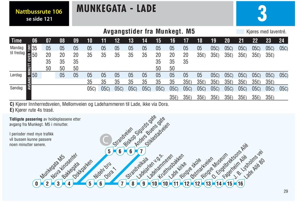 til Lade, ikke via Dora. E) Kjører rute s trasé.