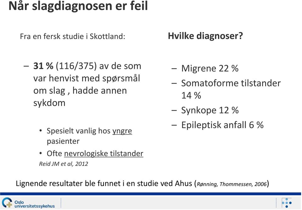 yngre pasienter Ofte nevrologiske tilstander Reid JM et al, 2012 Migrene 22 % Somatoforme