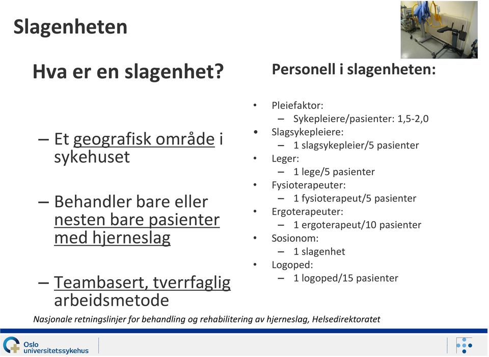 tverrfaglig arbeidsmetode Pleiefaktor: Sykepleiere/pasienter: 1,5-2,0 Slagsykepleiere: 1 slagsykepleier/5 pasienter Leger: 1 lege/5