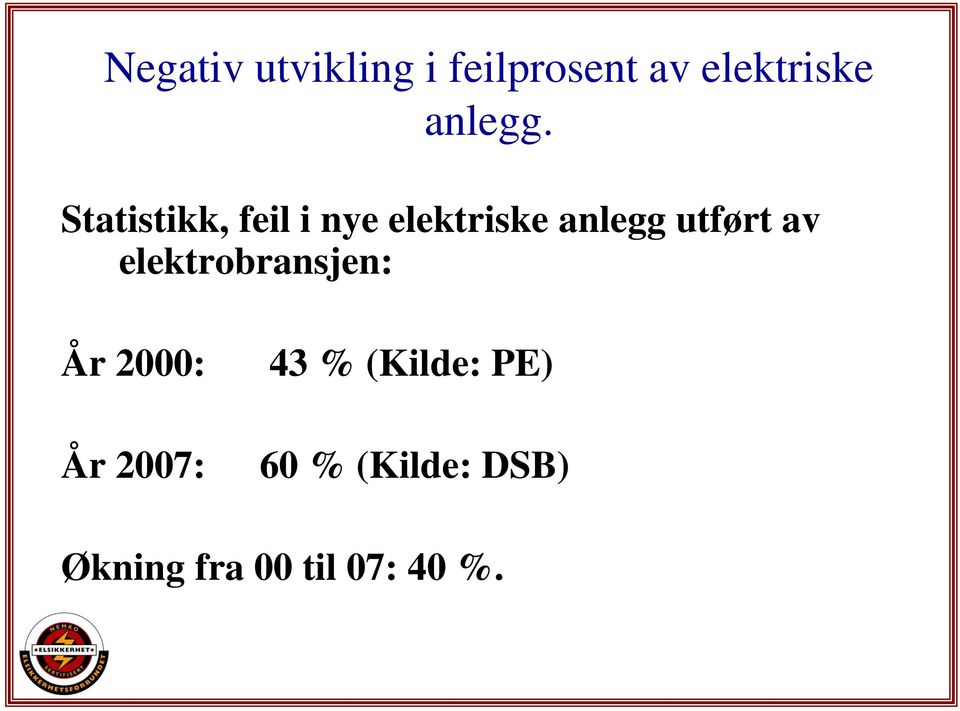 Statistikk, feil i nye elektriske anlegg utført av