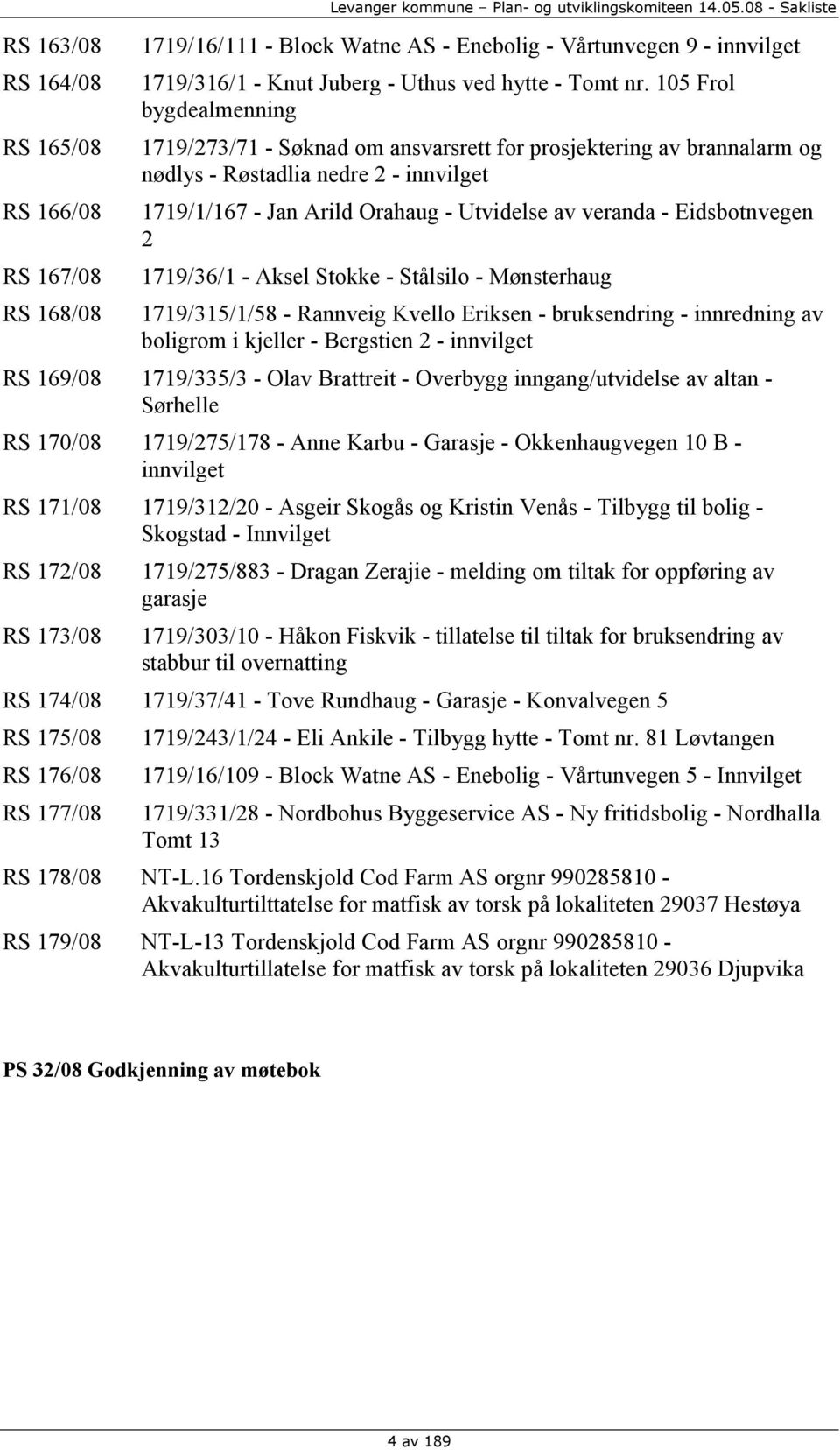 105 Frol bygdealmenning 1719/273/71 - Søknad om ansvarsrett for prosjektering av brannalarm og nødlys - Røstadlia nedre 2 - innvilget 1719/1/167 - Jan Arild Orahaug - Utvidelse av veranda -