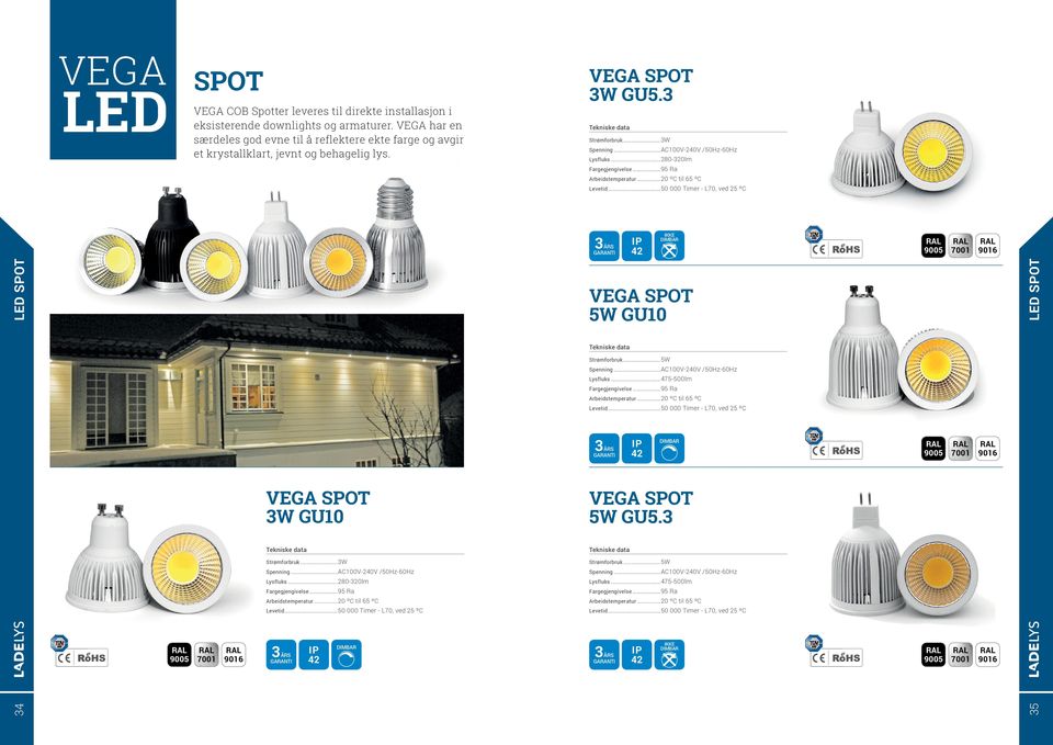 ..280-320lm Fargegjengivelse...95 Ra Arbeidstemperatur...20 ºC til 65 ºC Levetid...50 000 Timer - L70, ved 25 ºC 42 IKKE LED SPOT 34 VEGA SPOT 3W GU10 Strømforbruk...3W Spenning.