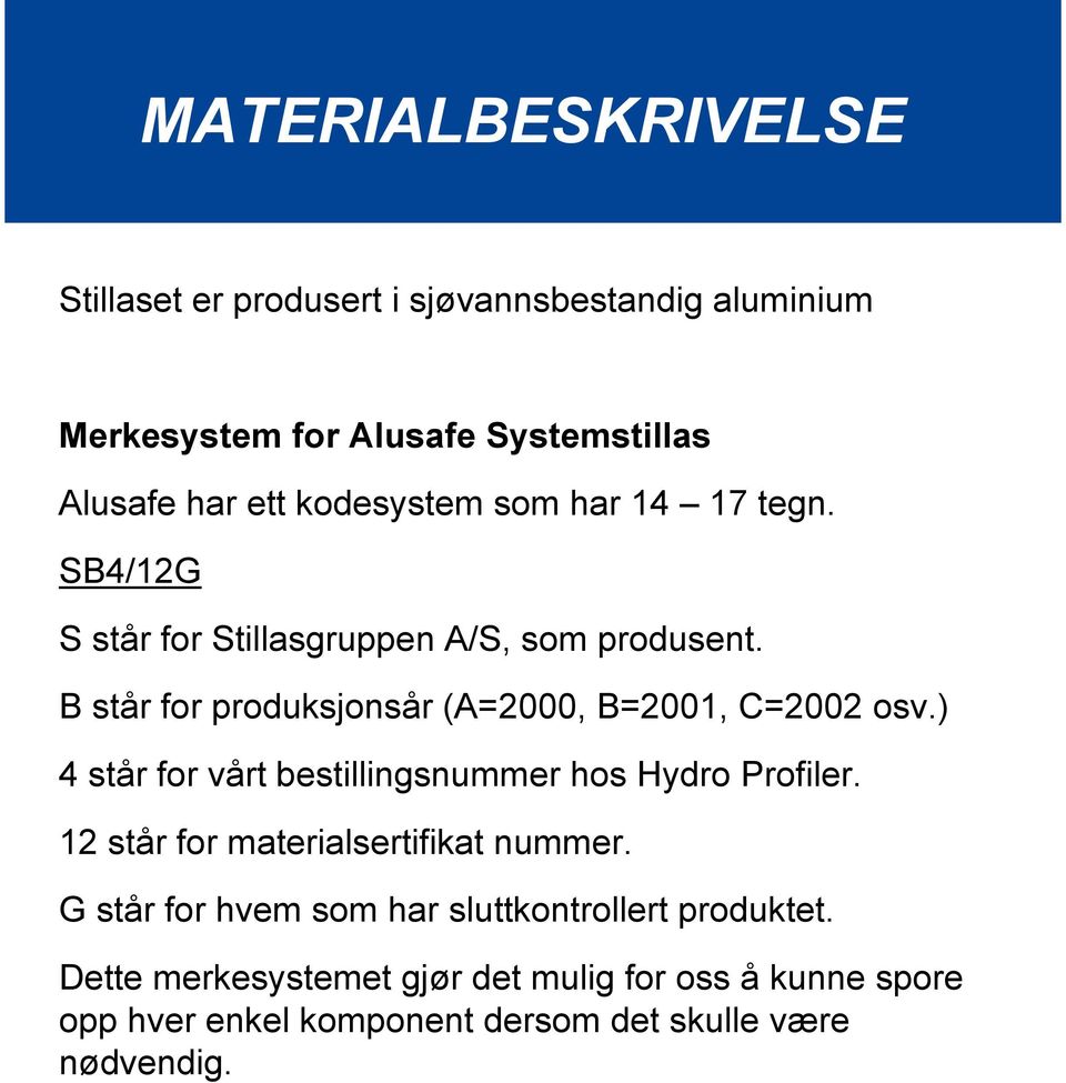 B står for produksjonsår (A=2000, B=2001, C=2002 osv.) 4 står for vårt bestillingsnummer hos Hydro Profiler.