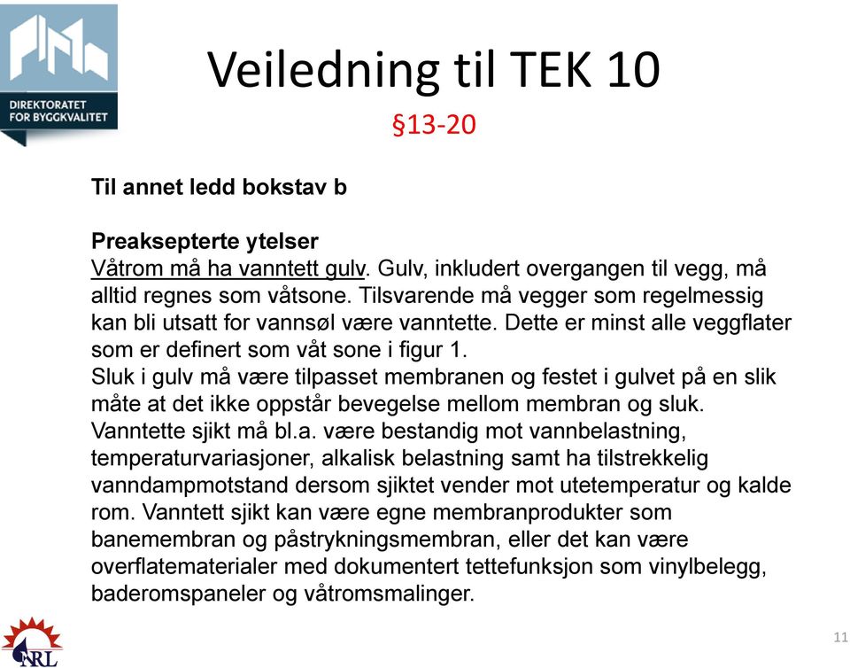 Sluk i gulv må være tilpasset membranen og festet i gulvet på en slik måte at det ikke oppstår bevegelse mellom membran og sluk. Vanntette sjikt må bl.a. være bestandig mot vannbelastning, temperaturvariasjoner, alkalisk belastning samt ha tilstrekkelig vanndampmotstand dersom sjiktet vender mot utetemperatur og kalde rom.