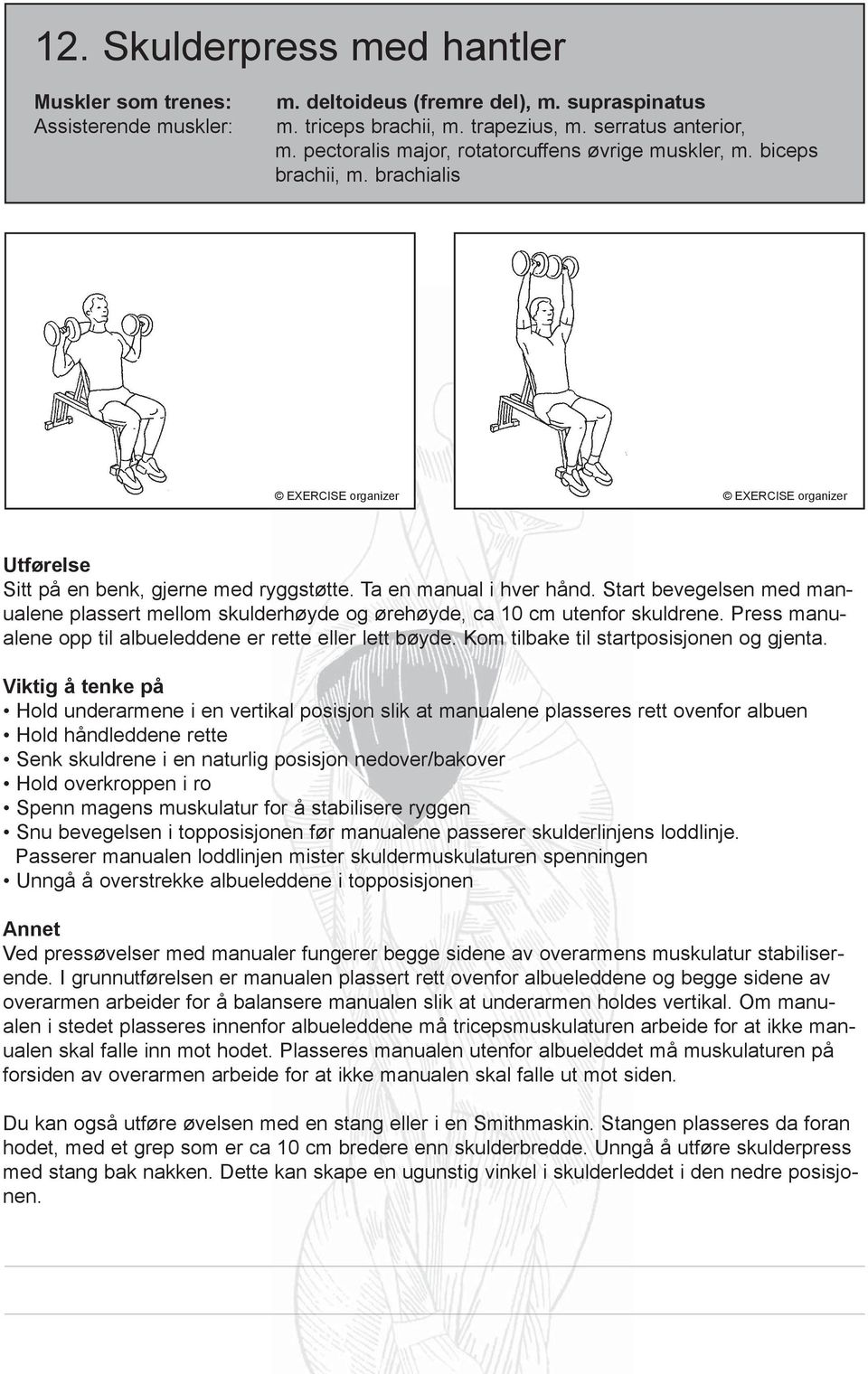 Press manualene opp til albueleddene er rette eller lett bøyde. Kom tilbake til startposisjonen og gjenta.