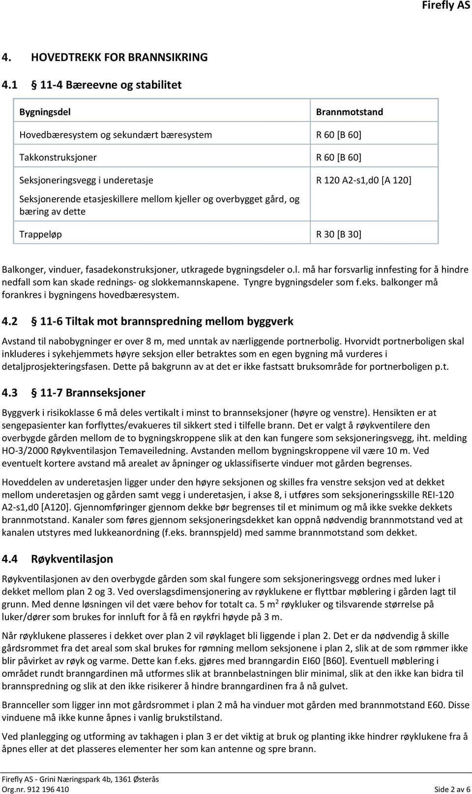 mellom kjeller og overbygget gård, og bæring av dette R 120 A2-s1,d0 [A 120] Trappeløp R 30 [B 30] Balkonger, vinduer, fasadekonstruksjoner, utkragede bygningsdeler o.l. må har forsvarlig innfesting for å hindre nedfall som kan skade rednings- og slokkemannskapene.