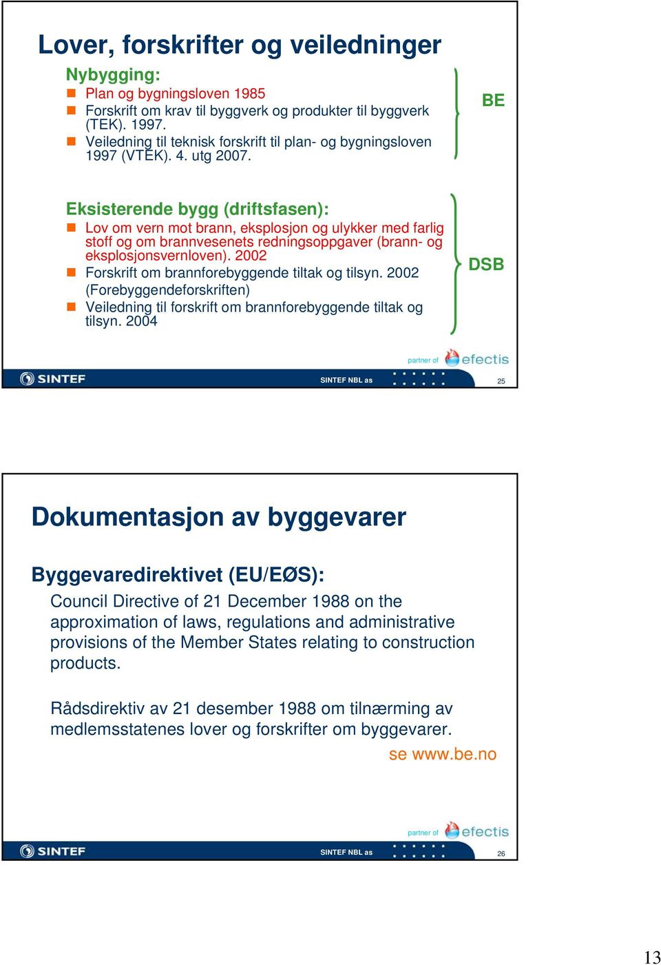 BE Eksisterende bygg (driftsfasen): Lov om vern mot brann, eksplosjon og ulykker med farlig stoff og om brannvesenets redningsoppgaver (brann- og eksplosjonsvernloven).