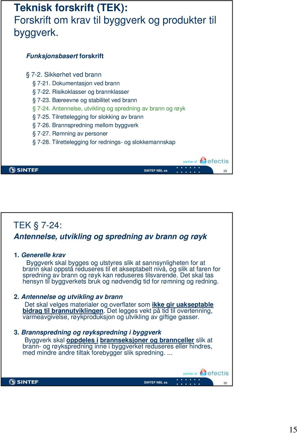 Brannspredning mellom byggverk 7-27. Rømning av personer 7-28. Tilrettelegging for rednings- og slokkemannskap 29 TEK 7-24: Antennelse, utvikling og spredning av brann og røyk 1.