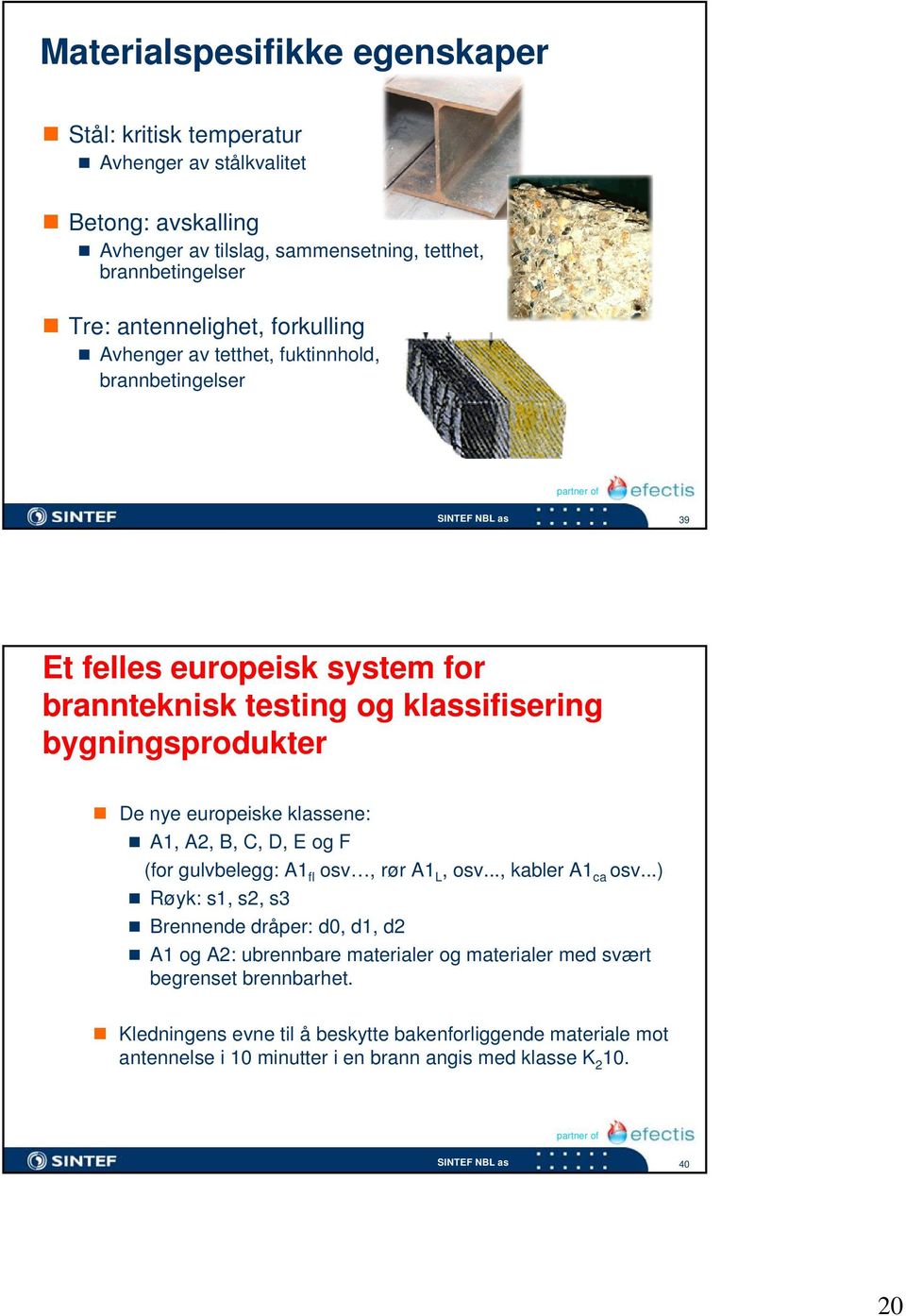 europeiske klassene: A1, A2, B, C, D, E og F (for gulvbelegg: A1 fl osv, rør A1 L, osv..., kabler A1 ca osv.