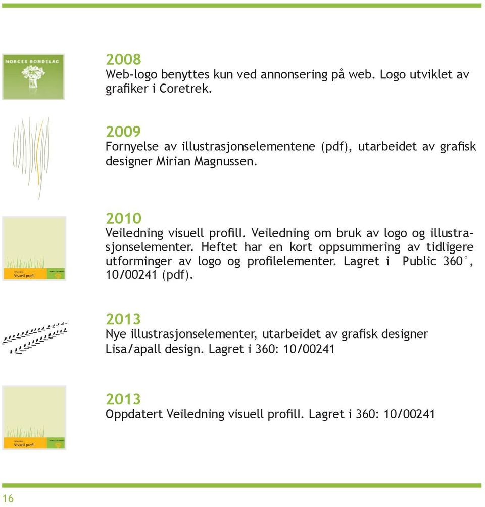 Veiledning om bruk av logo og illustrasjonselementer. Heftet har en kort oppsummering av tidligere utforminger av logo og profilelementer.