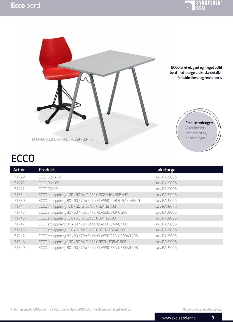 Produkt Lakkfarge 71722 ECCO 120 x 60 sølv, RAL9006 71721 ECCO 80 X 60 sølv, RAL9006 71721 ECCO 70 X 54 sølv, RAL9006 71734 ECCO stoloppheng 120 x 60 for CLASSIC 208 H46 / 508 H49 sølv, RAL9006 71739