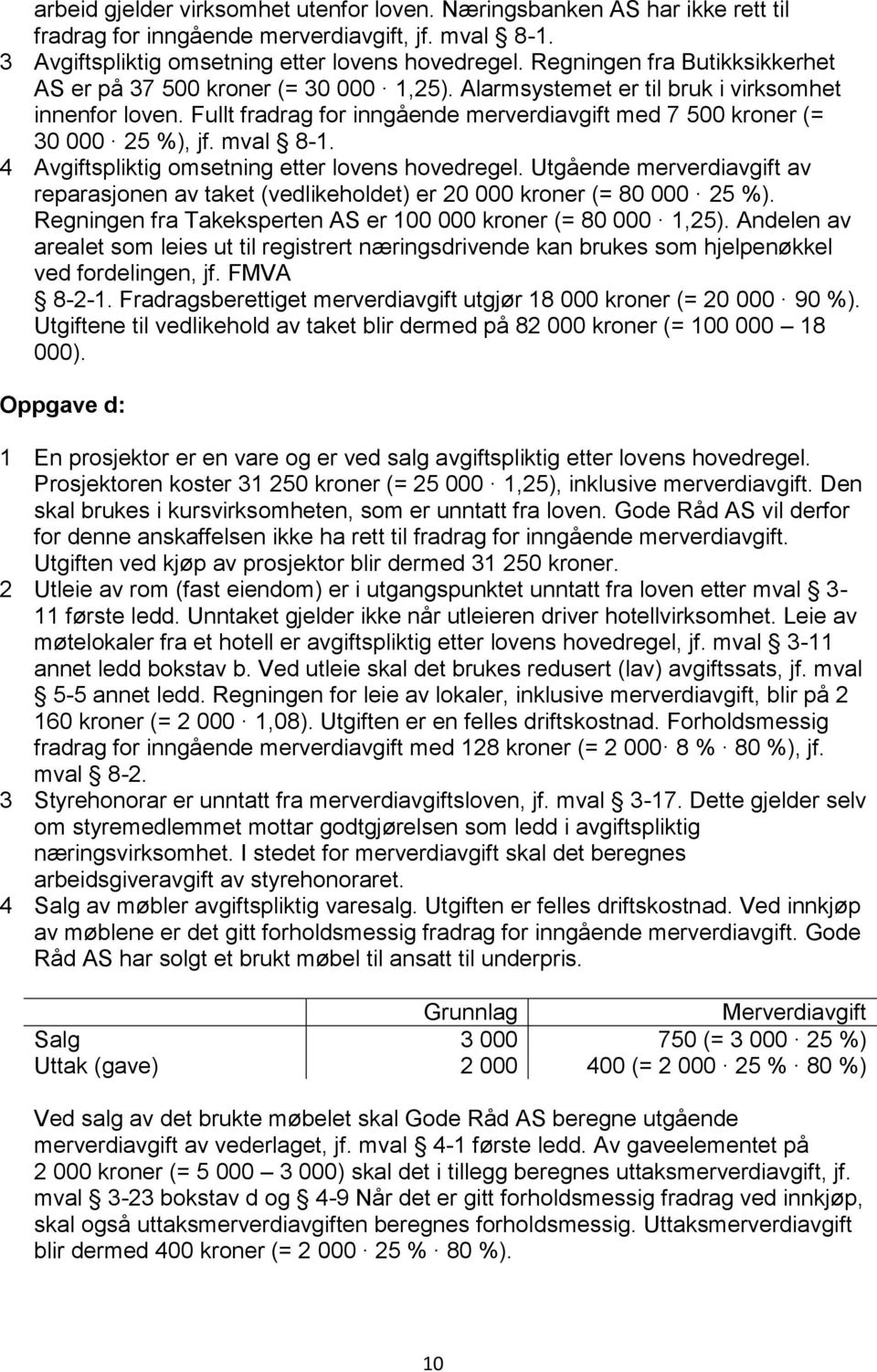 Fullt fradrag for inngående merverdiavgift med 7 500 kroner (= 30 000 25 %), jf. mval 8-1. 4 Avgiftspliktig omsetning etter lovens hovedregel.