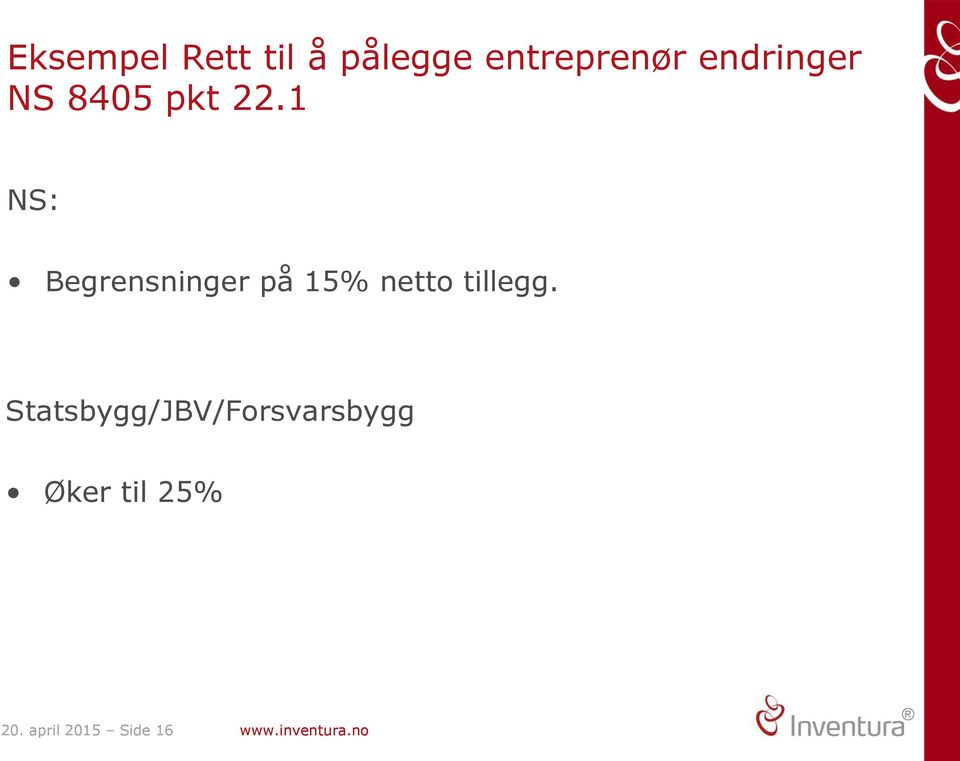 1 NS: Begrensninger på 15% netto tillegg.