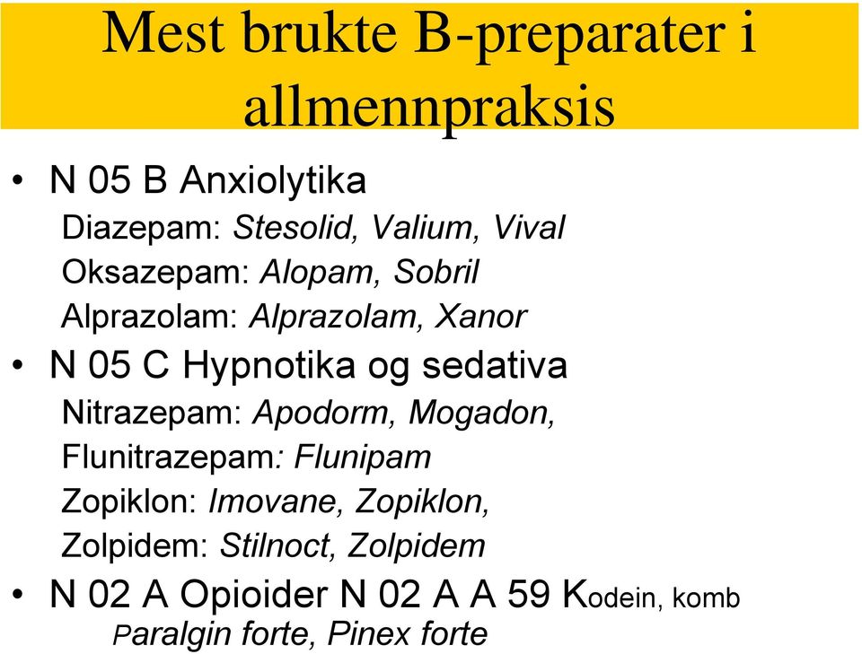 sedativa Nitrazepam: Apodorm, Mogadon, Flunitrazepam: Flunipam Zopiklon: Imovane,