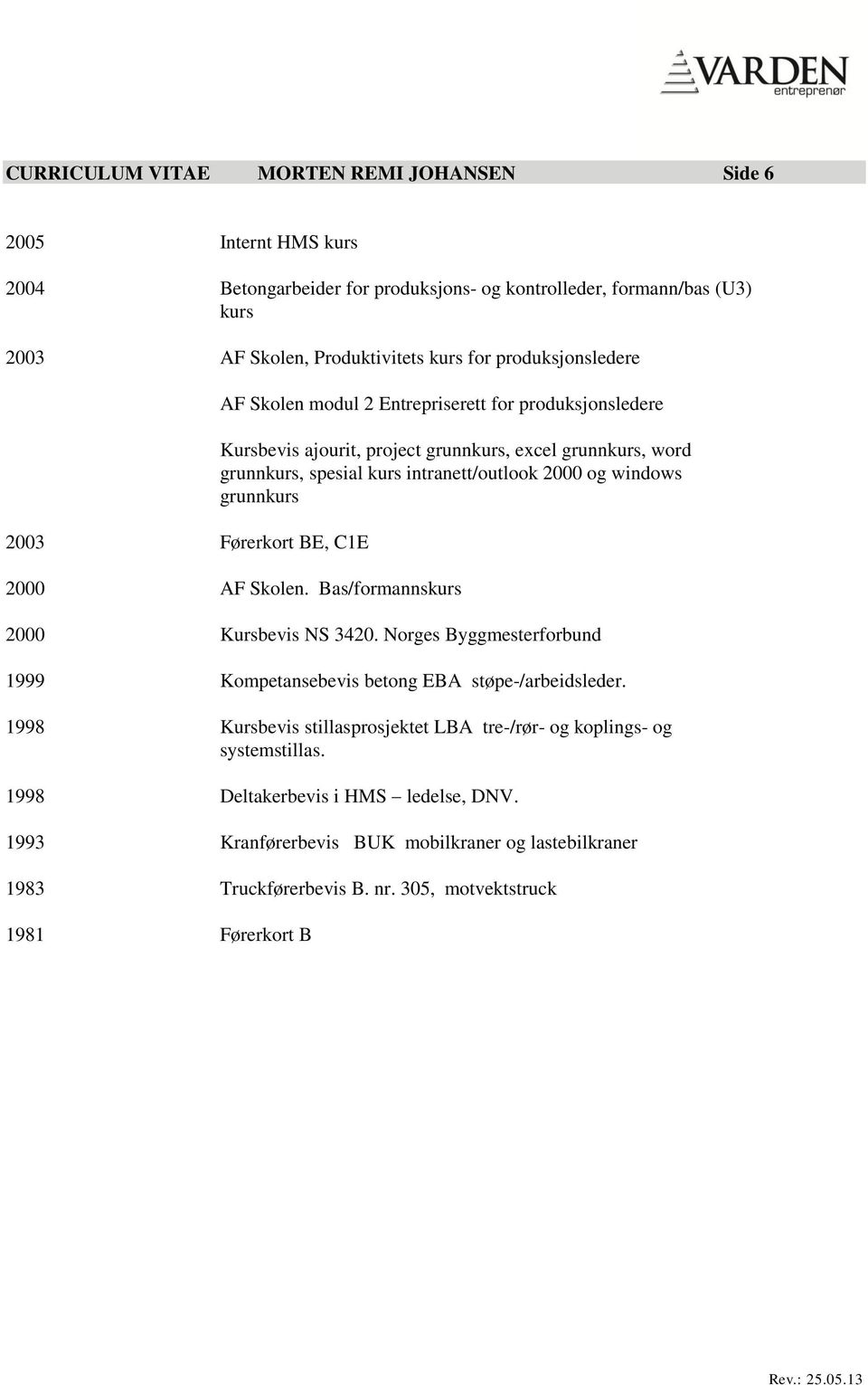 intranett/outlook 2000 og windows grunnkurs 2000 AF Skolen. Bas/formannskurs 2000 Kursbevis NS 3420. Norges Byggmesterforbund 1999 Kompetansebevis betong EBA støpe-/arbeidsleder.